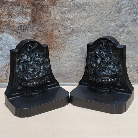 Vintage Pair Floral Rose Pot Metal Bronze Bookends - Picture 3 of 7